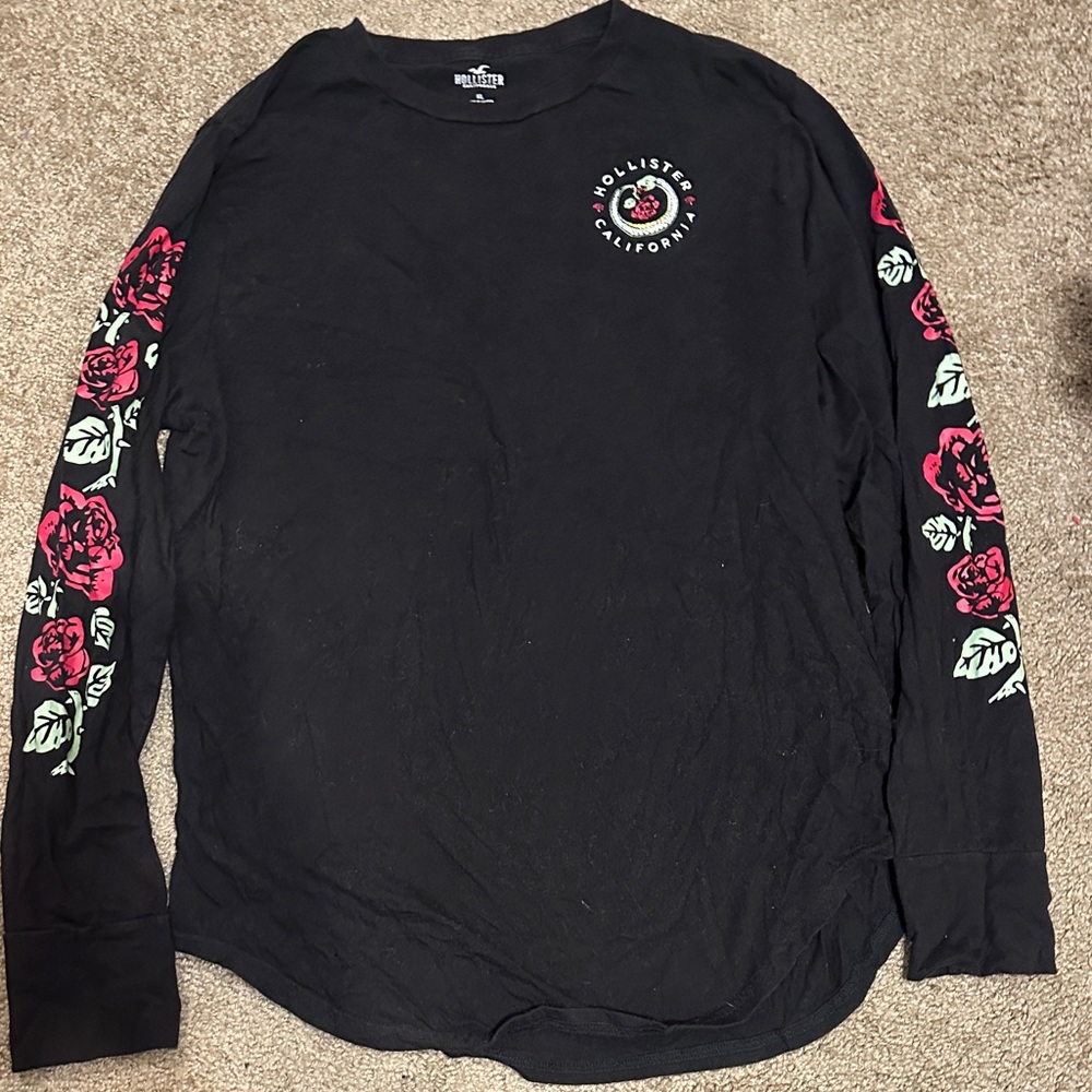 Hollister Black Long Sleeve Shirt with Red Floral Accents